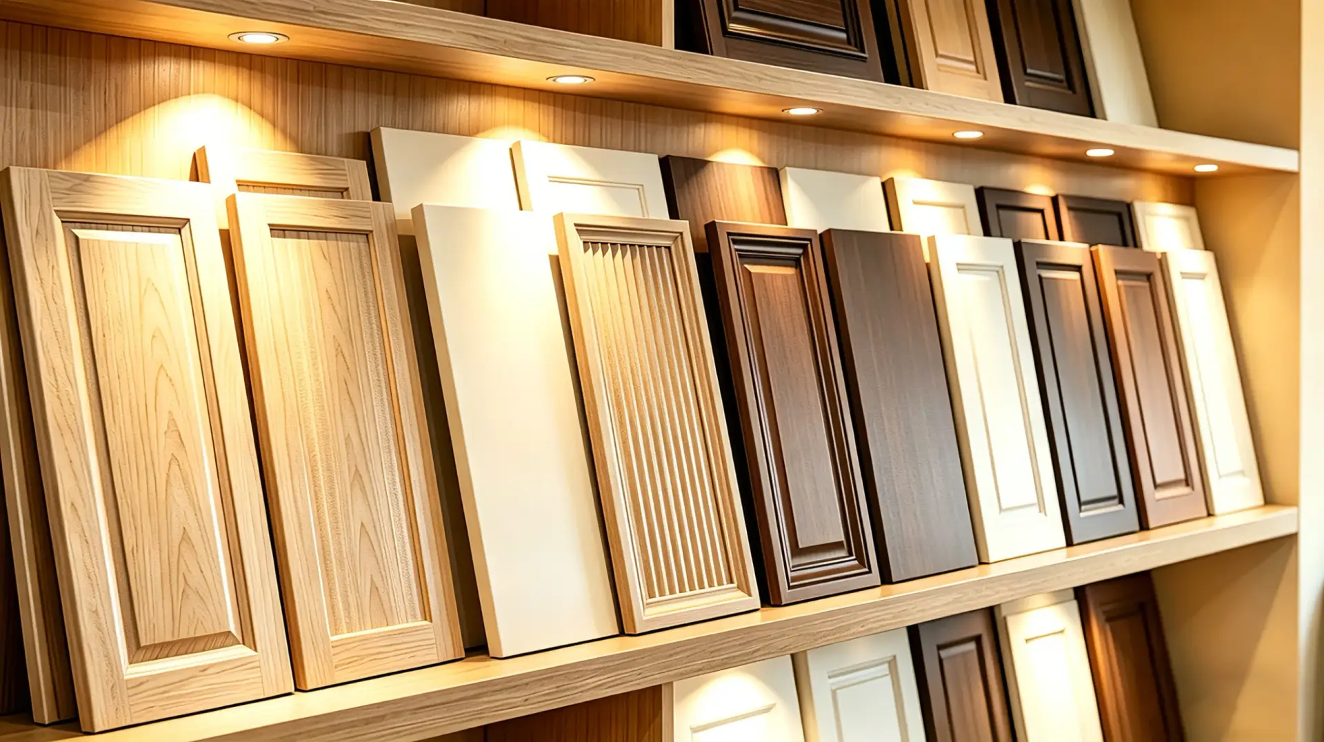 An architectural display of premium custom cabinet doors showcasing various styles from slim shaker to fluted and slab profiles in natural oak and painted finishes.