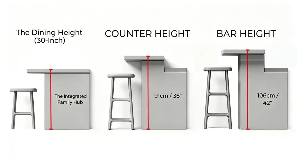 Technical floor plan showing kitchen island dimensions with 48-inch walkway clearance and work-zone standards.