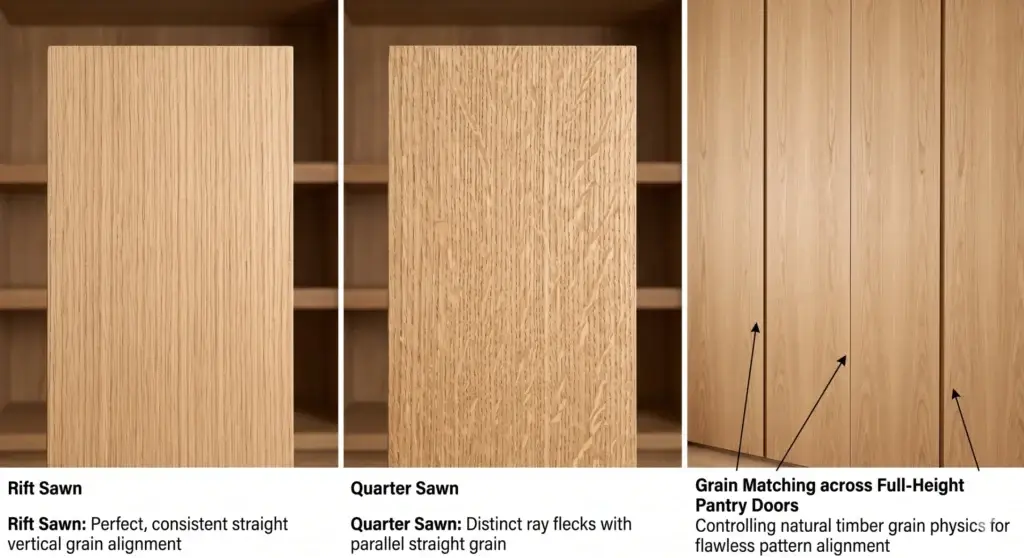 Technical comparison of rift sawn vs quarter sawn white oak timber profiles alongside continuous full-height vertical wood grain matching across luxury pantry doors.