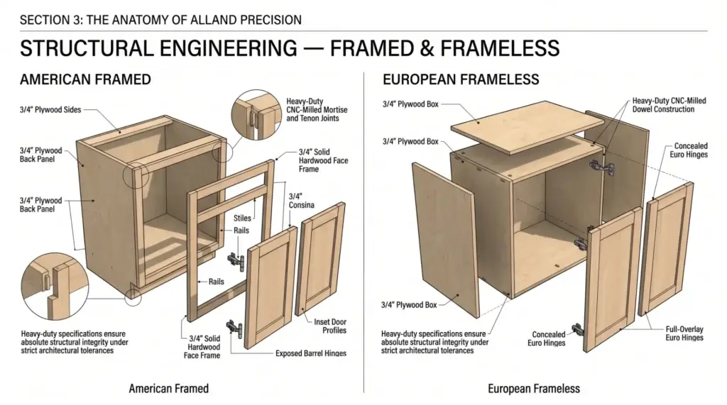 Technical 3D blueprint exploded view comparing American Framed cabinetry construction with European Frameless cabinet box specifications.