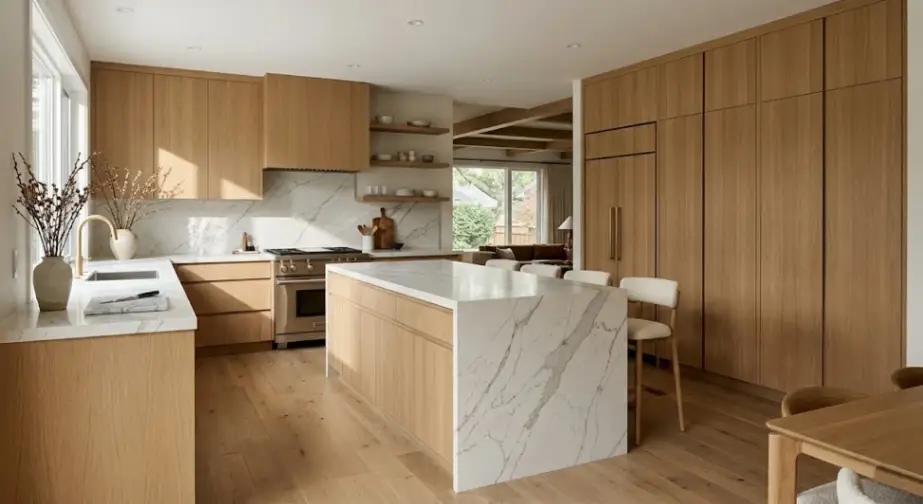 Modern luxury kitchen featuring ALLAND floor-to-ceiling Rift Sawn White Oak cabinets in an ultra-matte finish, paired with a 3cm Calacatta quartz waterfall island and seamless mitered edges.
