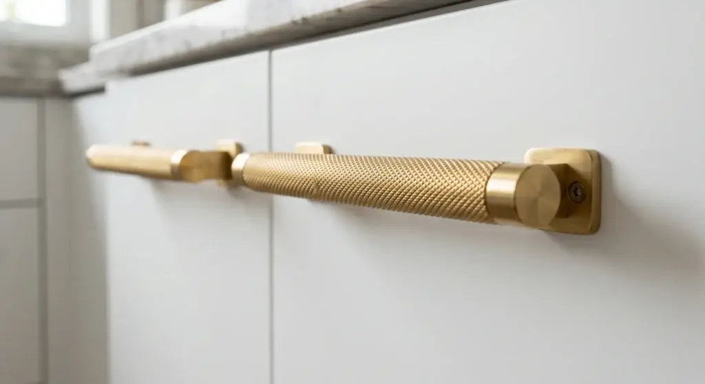 Close-up of bespoke kitchen design showing slim white shaker cabinet doors paired with integrated vertical gold profile handles.