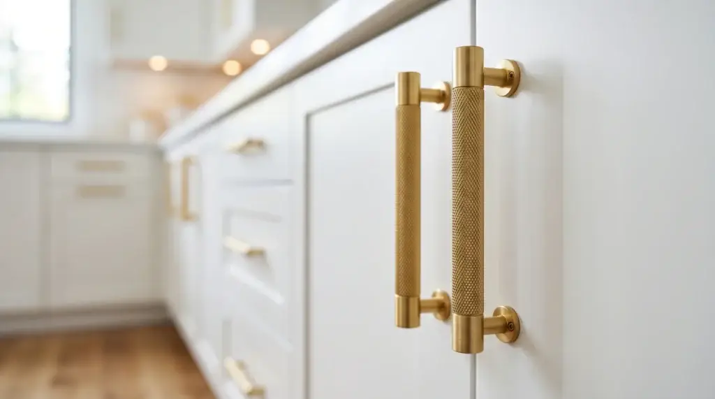 Close-up of bespoke kitchen design showing slim white shaker cabinet doors paired with integrated vertical gold profile handles.