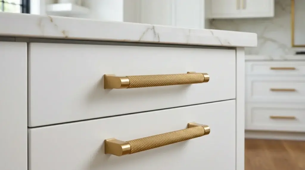 Close-up of bespoke kitchen design showing slim white shaker cabinet doors paired with integrated vertical gold profile handles.