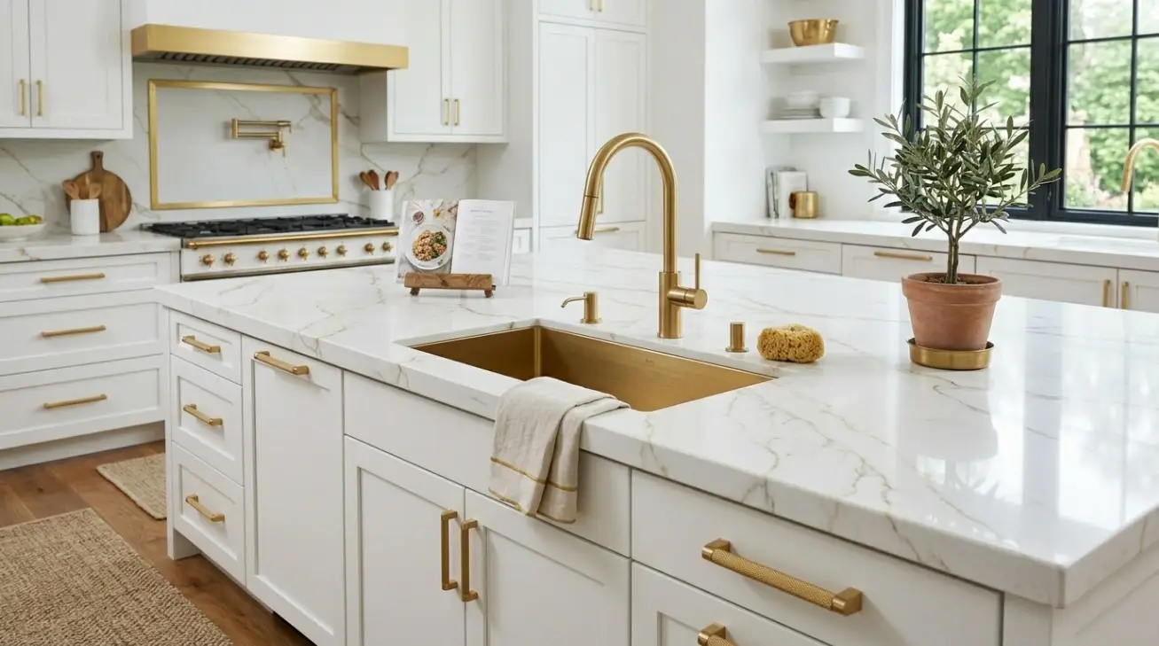 Luxury kitchen island featuring a premium brushed gold faucet kitchen setup with matching under-mount gold sink and white quartz countertop.