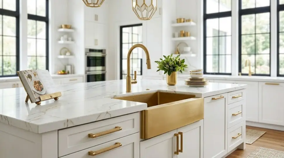 Luxury kitchen island featuring a premium brushed gold faucet kitchen setup with matching under-mount gold sink and white quartz countertop.