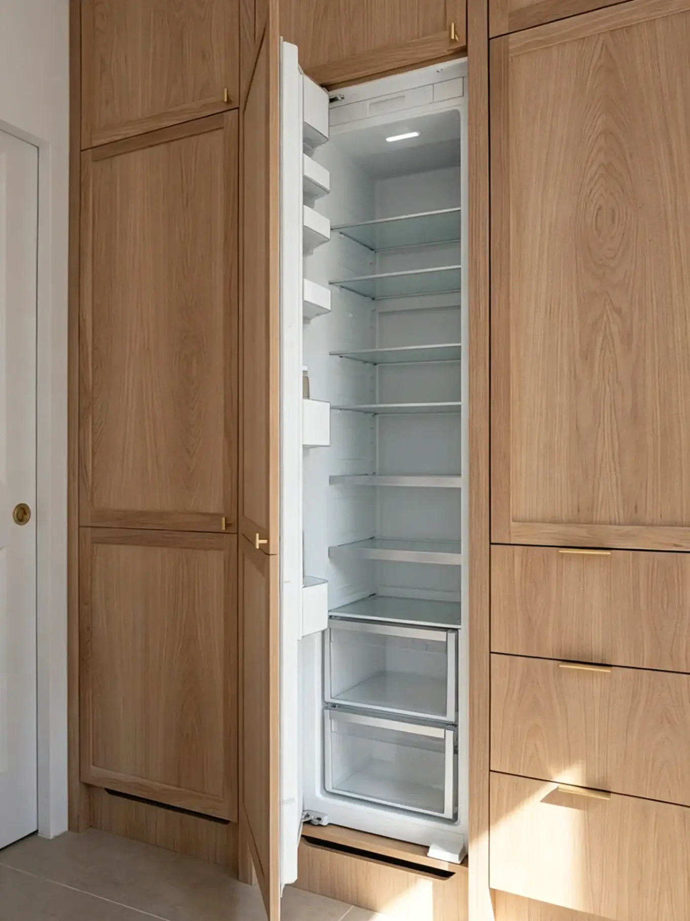 Floor-to-ceiling built-in kitchen cabinets in muted green with integrated panel-ready refrigerator and matte black hardware.