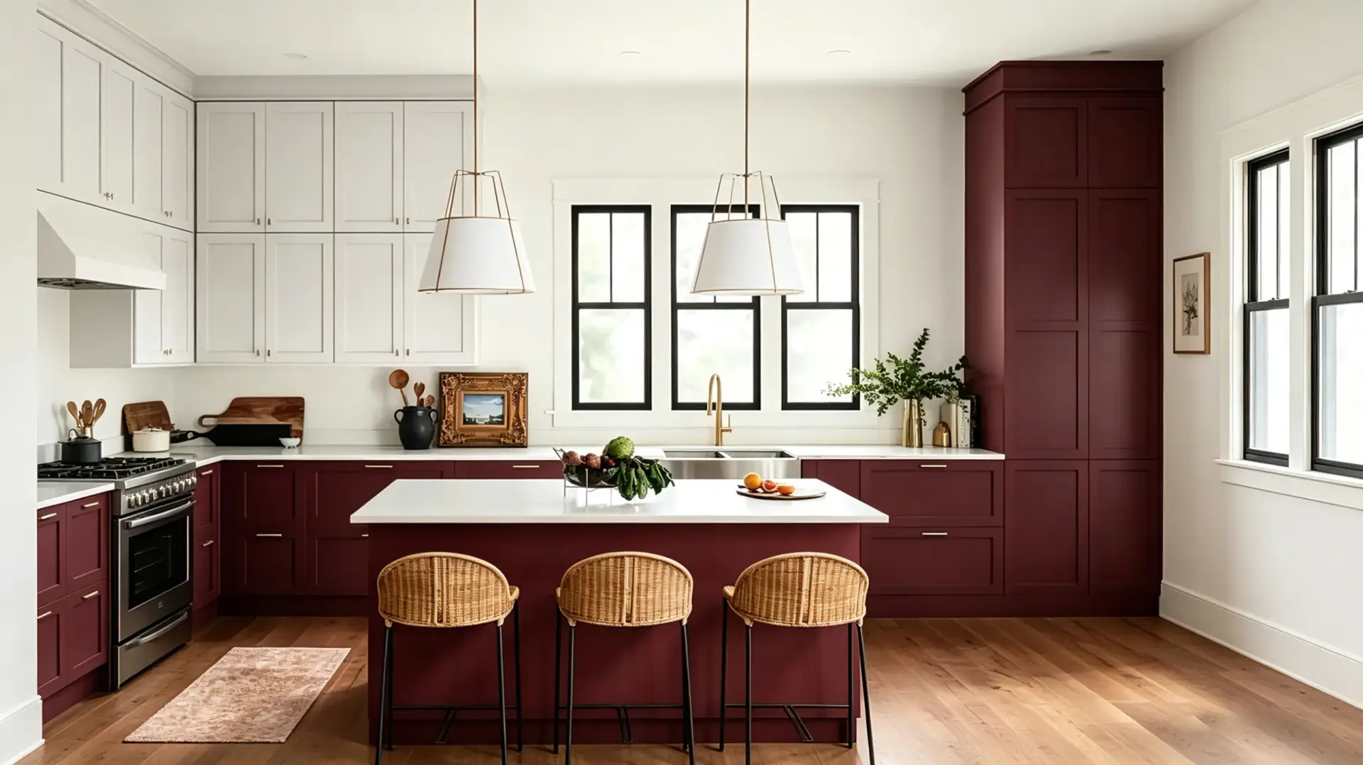 Deep burgundy red shaker kitchen cabinets in a modern high-contrast kitchen.