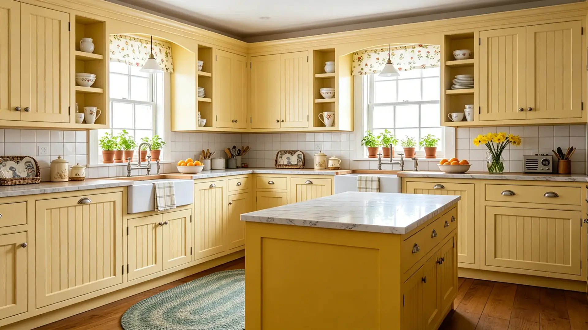 Buttery yellow beaded shaker kitchen cabinets with a white farmhouse sink.