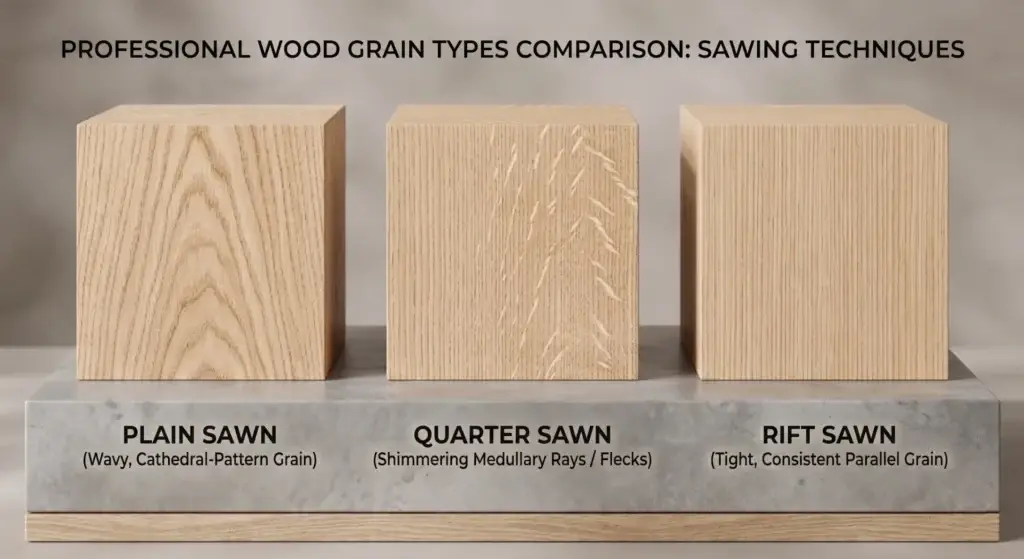 Comparison chart of white oak cutting methods: showing the cathedral grain of plain sawn, the ray flecks of quarter sawn, and the vertical grain of rift sawn boards.