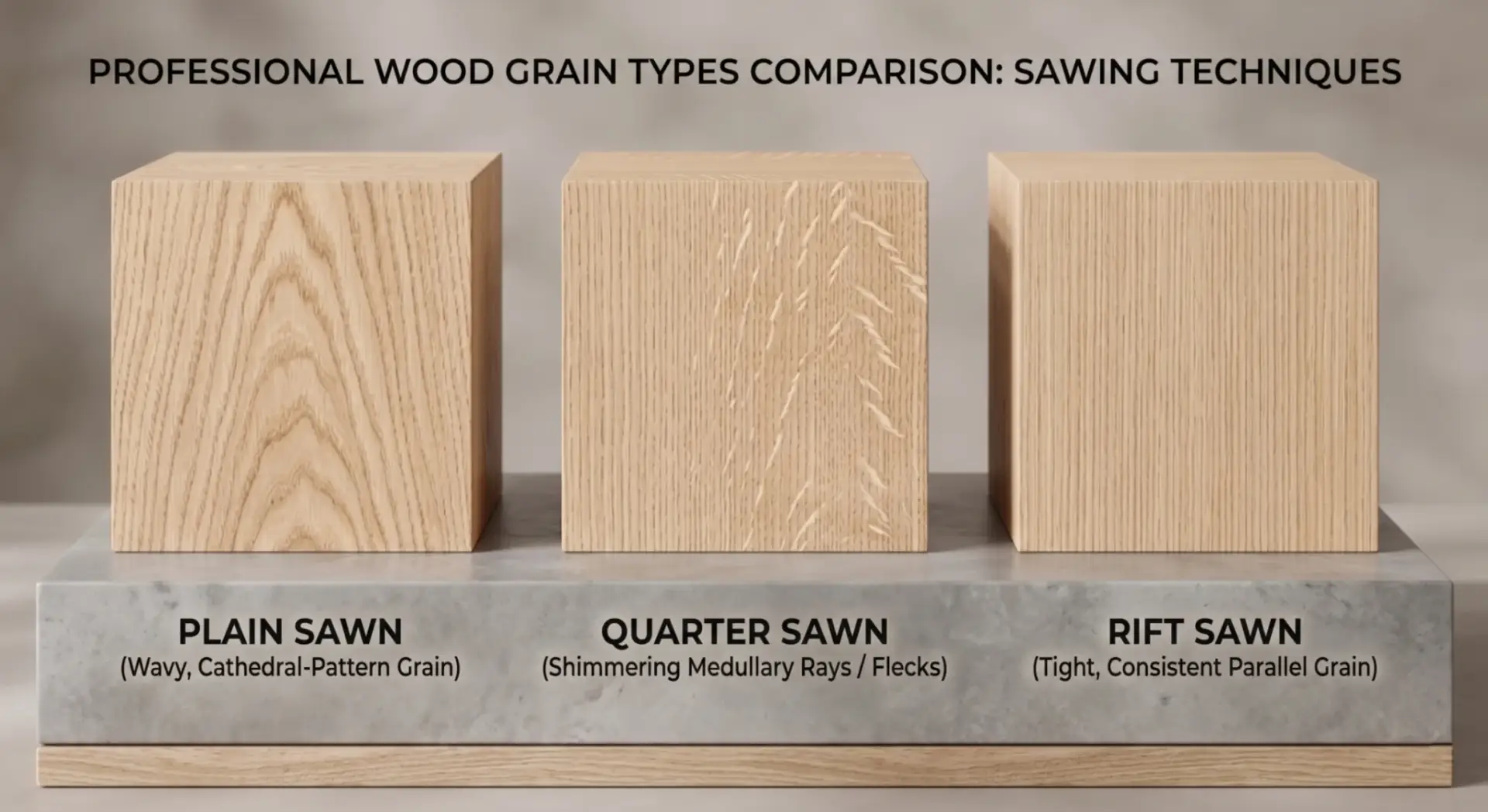 Comparison chart of white oak cutting methods: showing the cathedral grain of plain sawn, the ray flecks of quarter sawn, and the vertical grain of rift sawn boards.