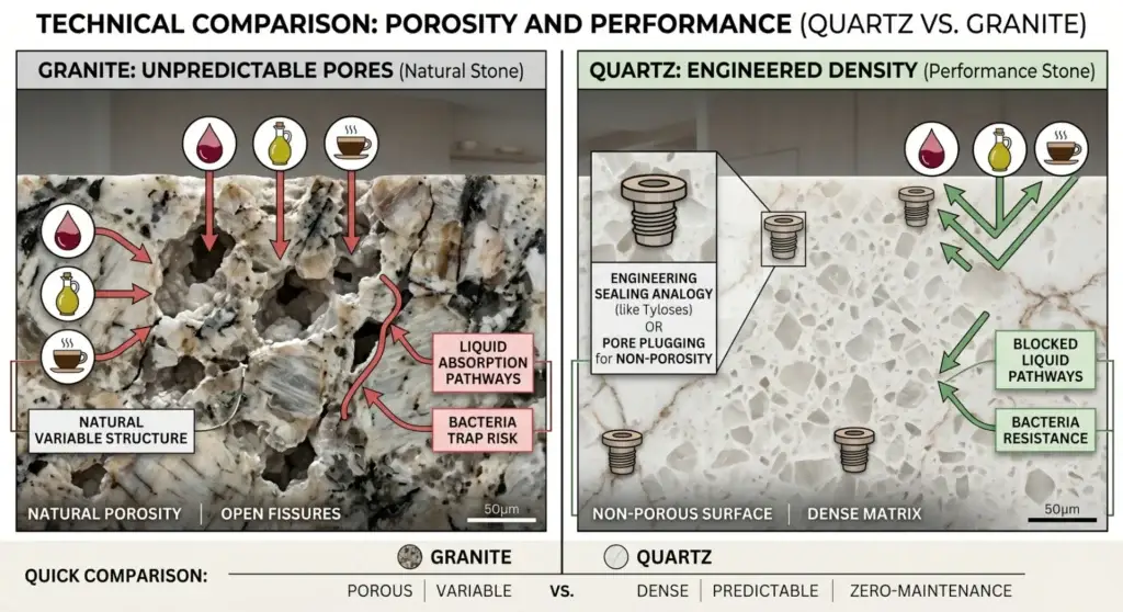 Technical infographic comparing natural granite's porous structure with engineered quartz's dense matrix, illustrating liquid absorption pathways and ALLAND's "Tyloses-like" sealing technology.