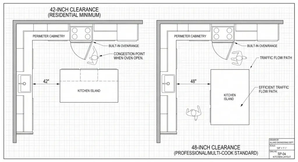 Professional specification sheet comparing minimalist Rift Sawn White Oak with solid quartz and luxury Quarter Sawn White Oak (featuring medullary ray flecks) with high-contrast natural granite.