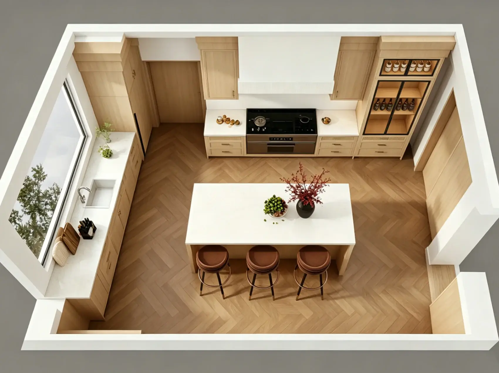 Technical 3D floor plan of an L-shaped kitchen layout showing the work triangle and appliance landing zones.