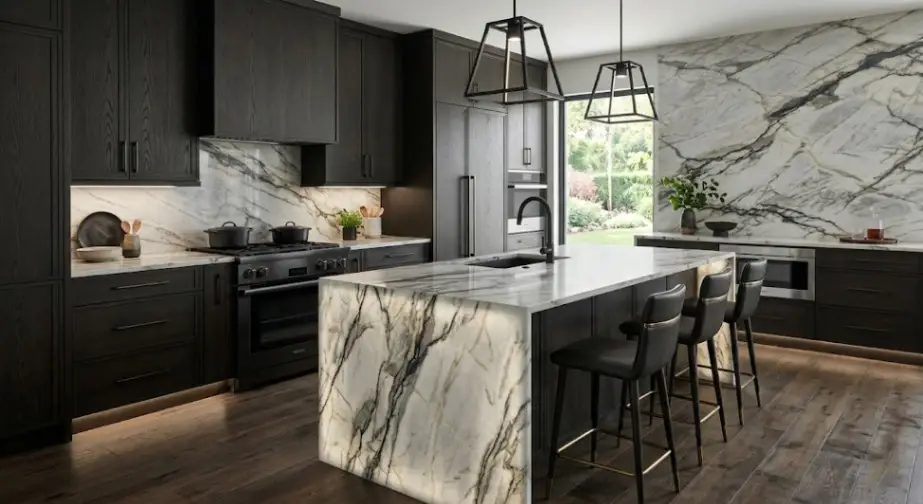 Luxury dark oak kitchen cabinets in deep espresso charcoal stain, featuring wire brushed open grain texture, dead matte finish, and a bold bookmatched quartzite backsplash.