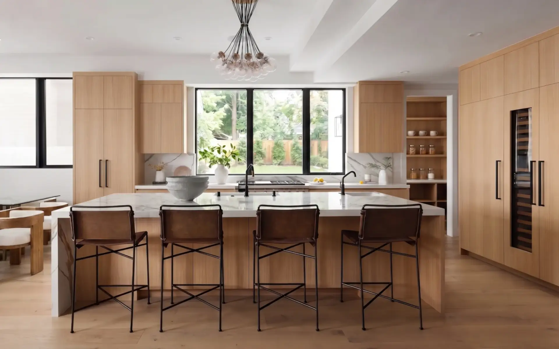 A luxury modern kitchen featuring floor-to-ceiling rift sawn white oak cabinets with a consistent vertical grain pattern and minimalist hardware-free design.