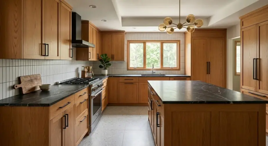 Mid-century modern honey oak kitchen cabinets with slim Shaker door profiles, caramel amber stain, matte black hardware, and dark soapstone countertops.