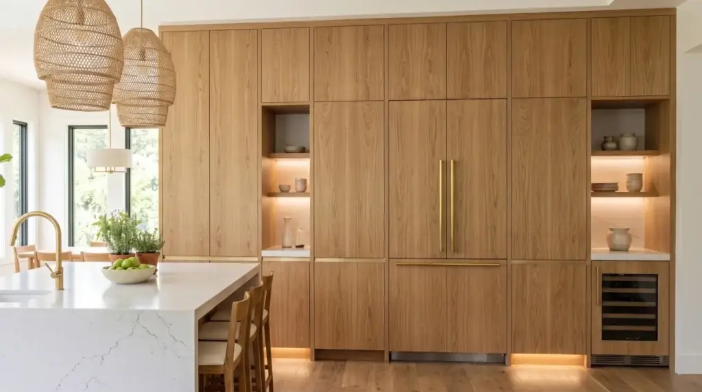 High-end minimalist kitchen design showcasing custom tall wood storage walls with fully integrated seamless appliance panels and soft LED accent lighting.