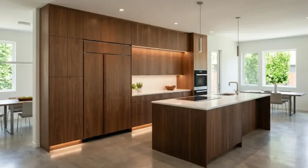 High-end minimalist kitchen design showcasing custom tall wood storage walls with fully integrated seamless appliance panels and soft LED accent lighting.