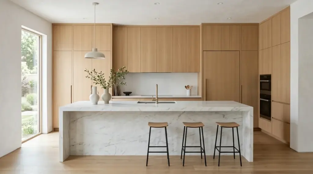 Custom rift sawn light oak kitchen cabinets with linear vertical grain in a modern minimalist Japandi kitchen featuring a white marble waterfall island and integrated panel ready appliances.