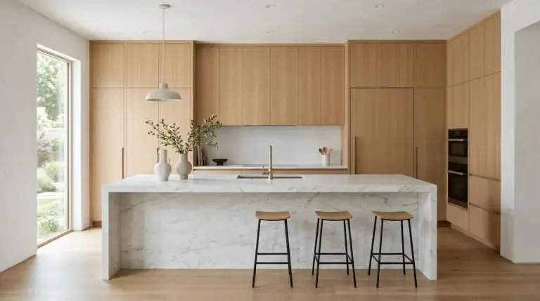 Custom rift sawn light oak kitchen cabinets with linear vertical grain in a modern minimalist Japandi kitchen featuring a white marble waterfall island and integrated panel ready appliances.