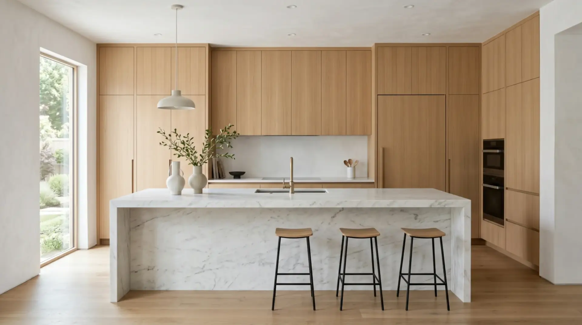 Custom rift sawn light oak kitchen cabinets with linear vertical grain in a modern minimalist Japandi kitchen featuring a white marble waterfall island and integrated panel ready appliances.