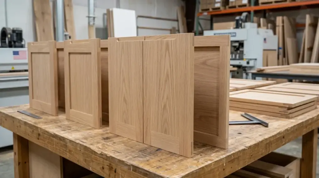 Factory workshop workbench displaying unassembled flat panel natural oak kitchen cabinets featuring precision vertical wood grain matching.