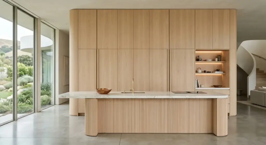 Premium natural white oak cabinets kitchen architecture with sequence grain matched real wood veneers, running continuously across seamless touch-to-open tall utility towers.