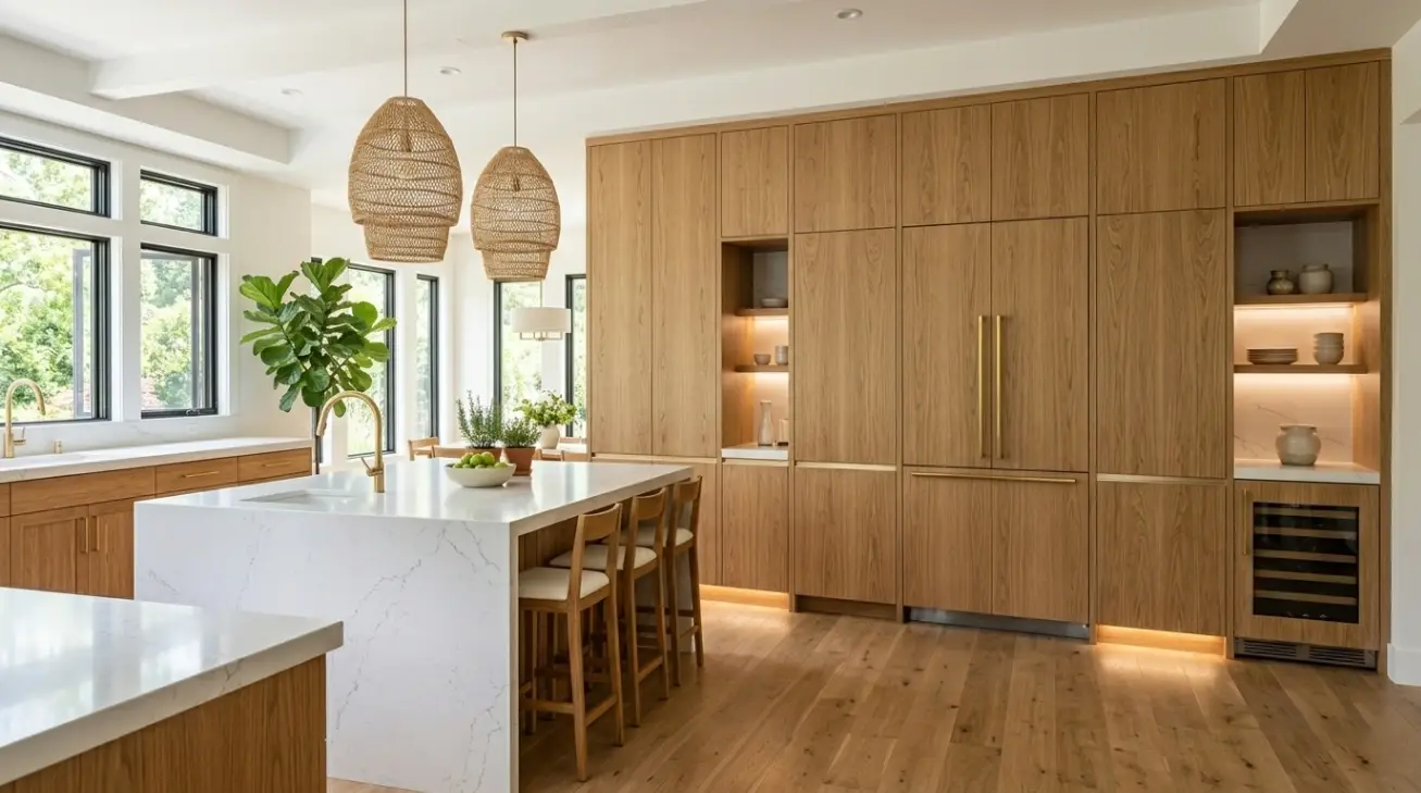 Sunlit biophilic modern kitchen design featuring premium natural wood kitchen cabinets, quartz countertops with soft veining, and integrated minimalist hardware.