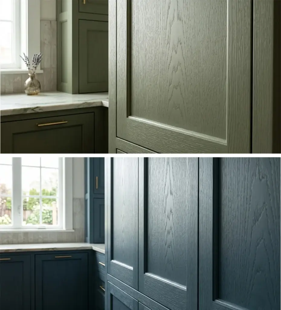 Close up of custom painted oak kitchen cabinets in muted sage green, showing the organic open grain texture under a flexible Italian polyurethane paint coat.