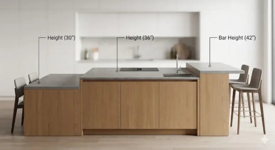 Technical floor plan showing kitchen island dimensions with 48-inch walkway clearance and work-zone standards.
