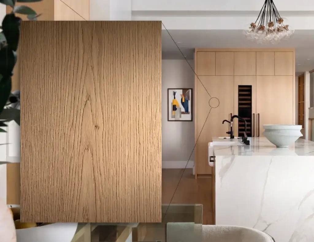 Close-up of natural white oak cabinet door with an ultra-matte finish, showcasing the open-pore wood texture and sand-toned natural aesthetics.
