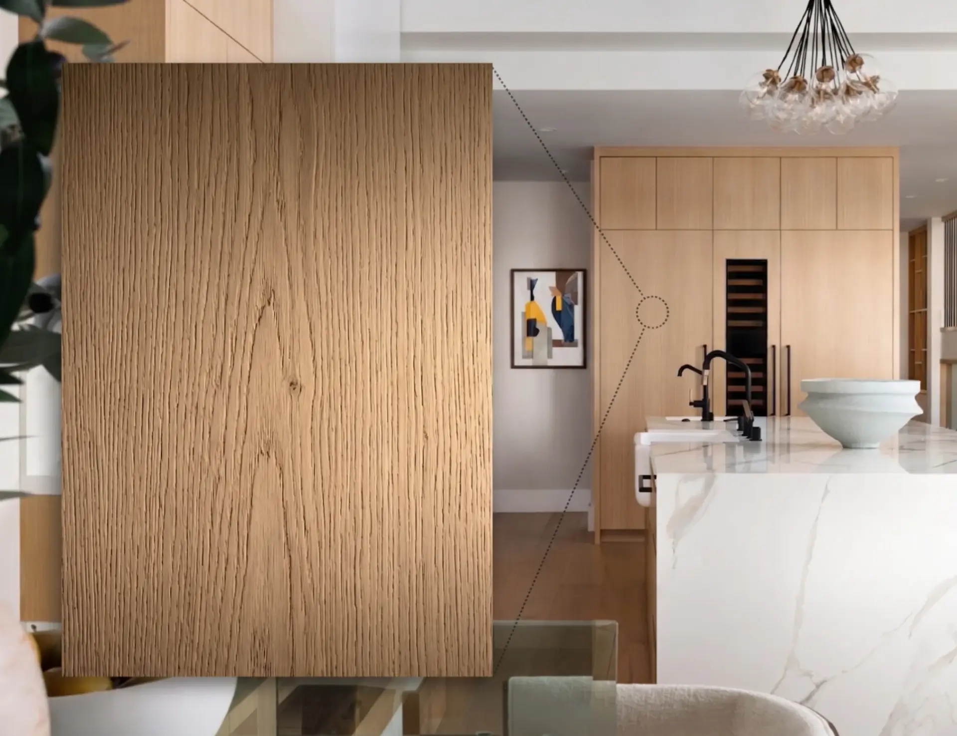 Close-up of natural white oak cabinet door with an ultra-matte finish, showcasing the open-pore wood texture and sand-toned natural aesthetics.