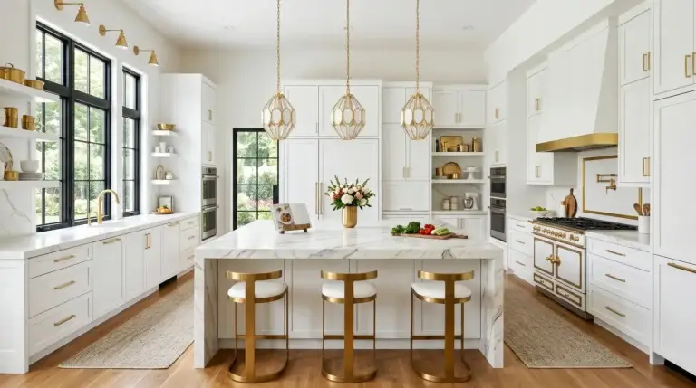 Modern white and gold kitchen featuring custom frameless cabinetry with white marble island and elegant gold pendant lights.