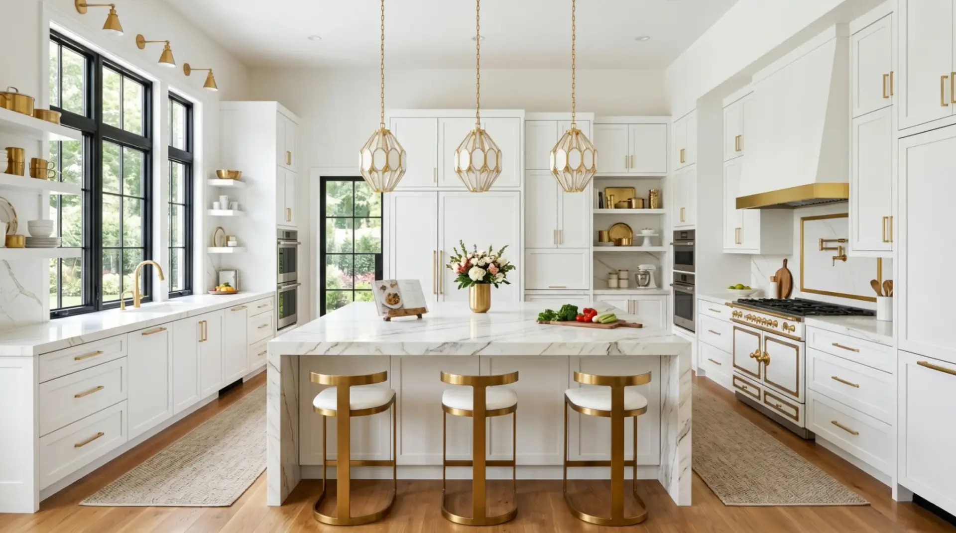 Modern white and gold kitchen featuring custom frameless cabinetry with white marble island and elegant gold pendant lights.