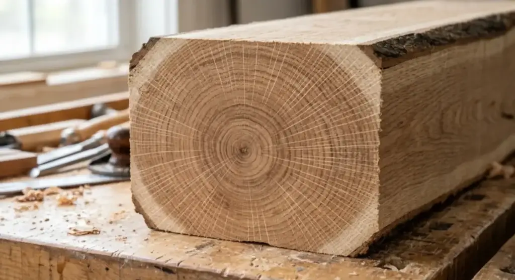 Detailed macro cross-section of White Oak lumber (Quercus alba) showing the compact growth rings, dense pore structure, and distinct medullary rays that define the species' structural stability and ray flecks.