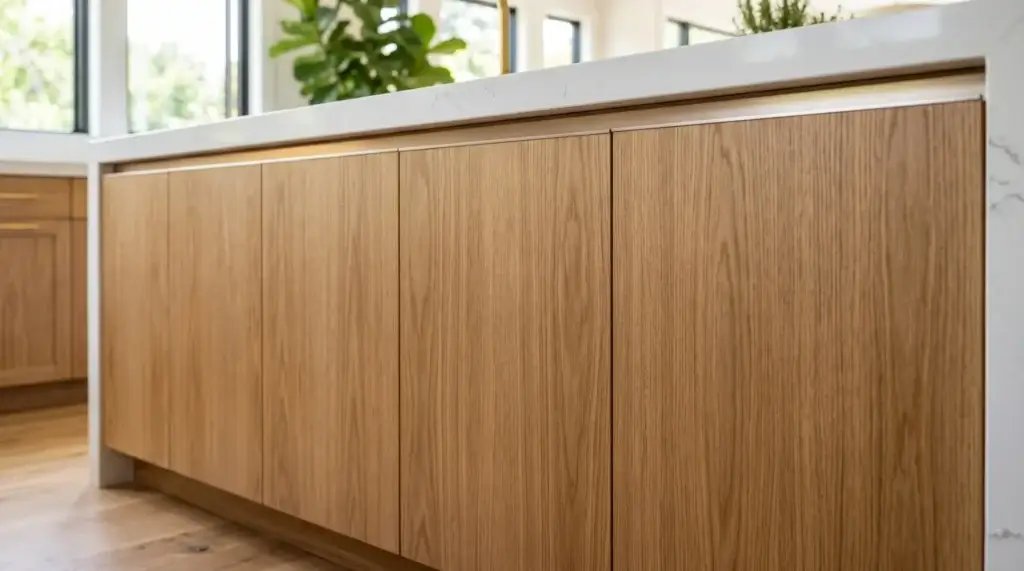 Close-up of premium wood grain kitchen cabinets showing flawless vertical veneer sheet alignment on full access slab doors with sleek touch-to-open mechanisms.