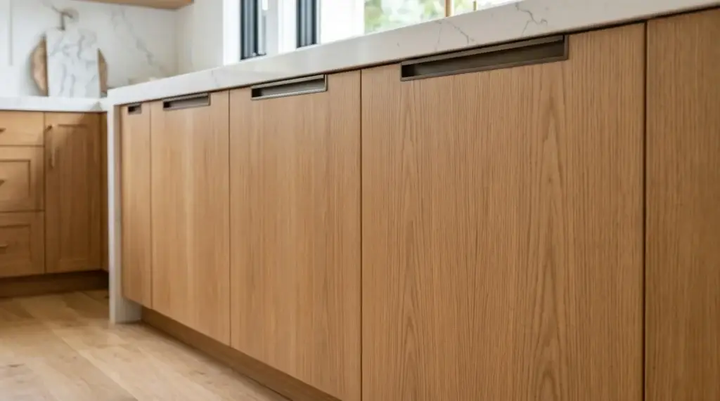 Close-up of premium wood grain kitchen cabinets showing flawless vertical veneer sheet alignment on full access slab doors with sleek touch-to-open mechanisms.