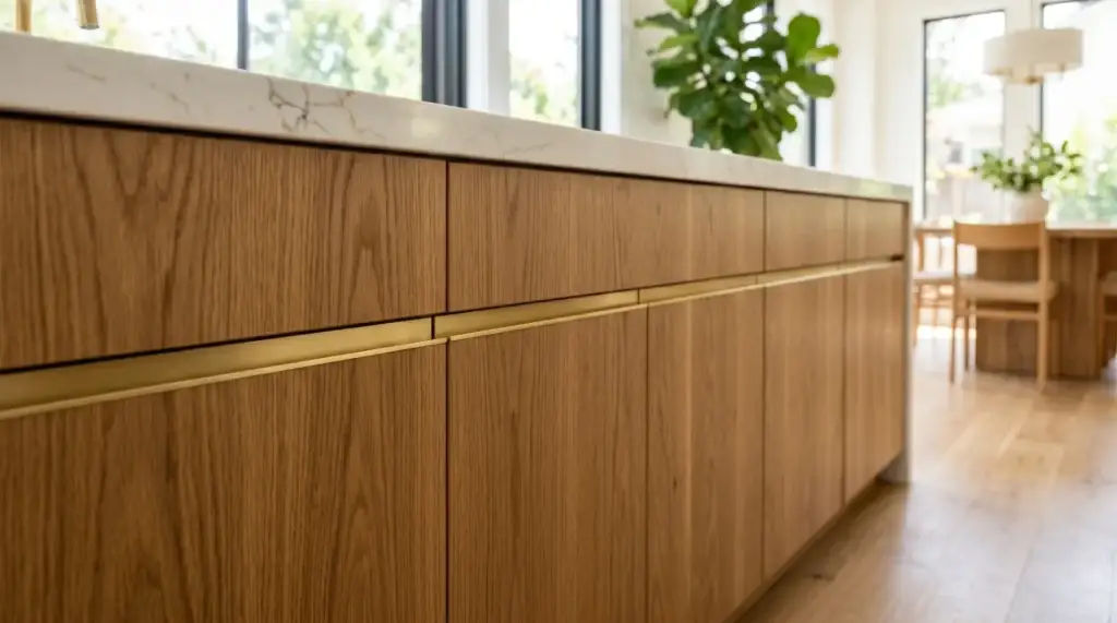Close-up of premium wood grain kitchen cabinets showing flawless vertical veneer sheet alignment on full access slab doors with sleek touch-to-open mechanisms.