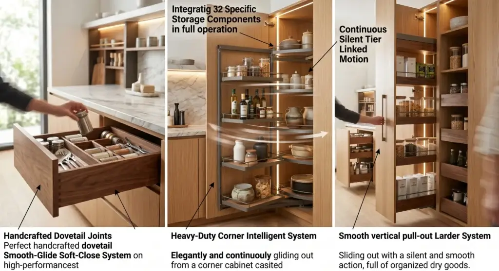 Alland custom kitchen organization components including handcrafted dovetail spice drawer insert, heavy-duty intelligent lazy susan corner storage, and smooth vertical pull-out pantry larder system.