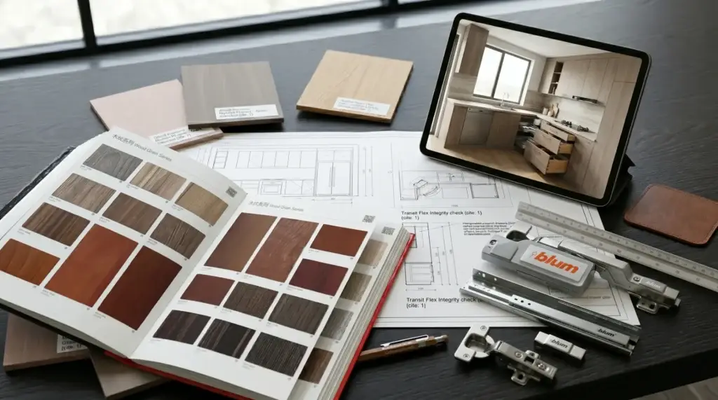 Architectural workspace featuring kitchen floor plans, custom cabinet CAD blueprints, real wood grain sample swatches, and a digital tablet rendering for contractor project review.