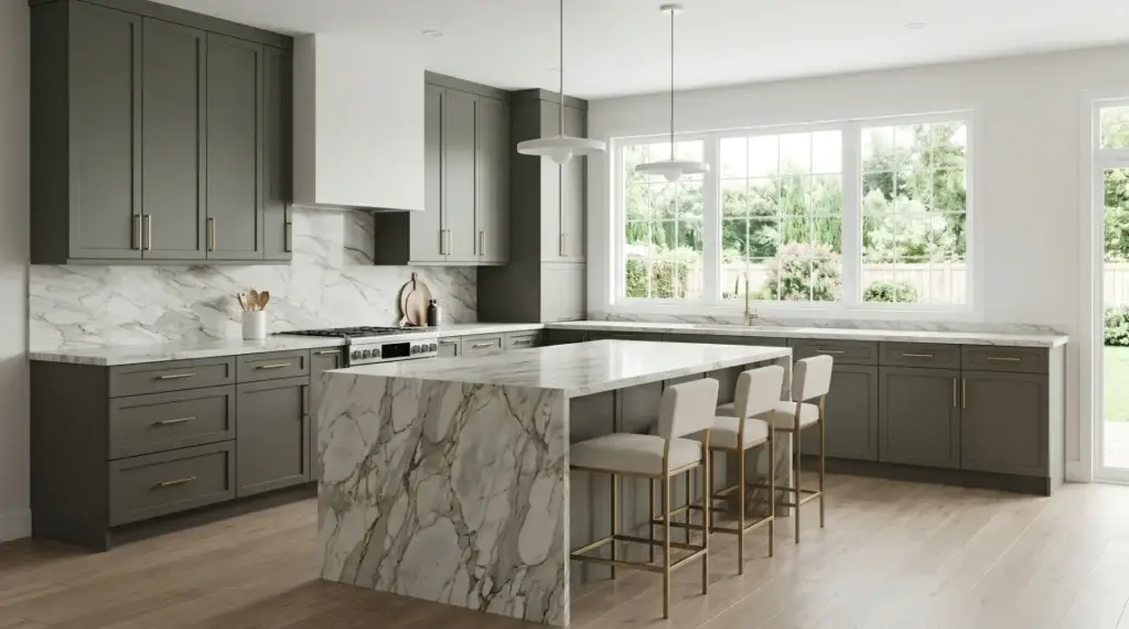Modern 2026 transitional style kitchen with precision slim Shaker cabinets in a muted sage olive green finish, integrated seamlessly with a large bookmatched marble waterfall island.