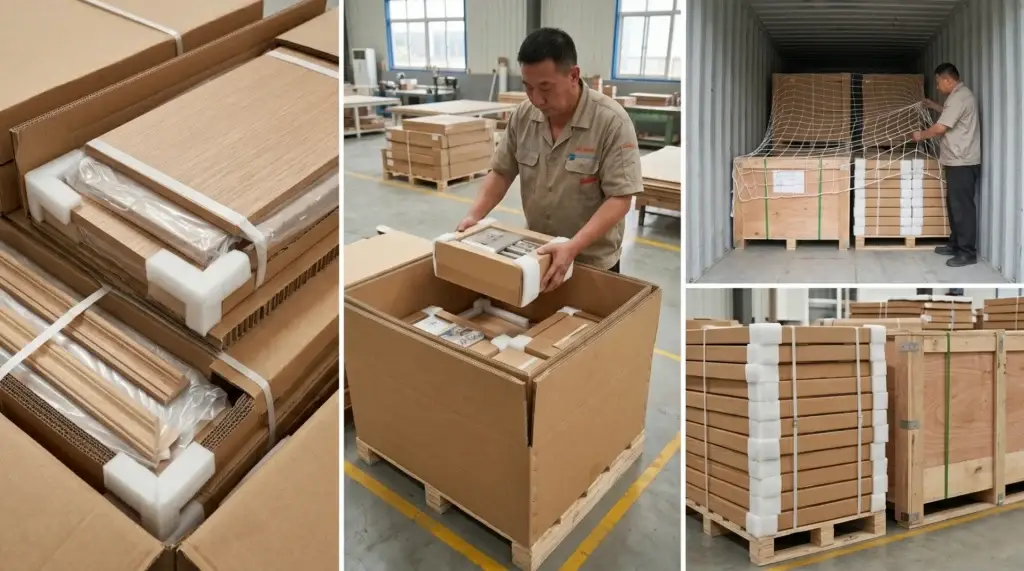 Alland Transit Flex un-assembled cabinetry packaging workflow showing multi-layer foam corner protectors, heavy-duty honeycomb cardboard crates, and secure ocean container freight loading.
