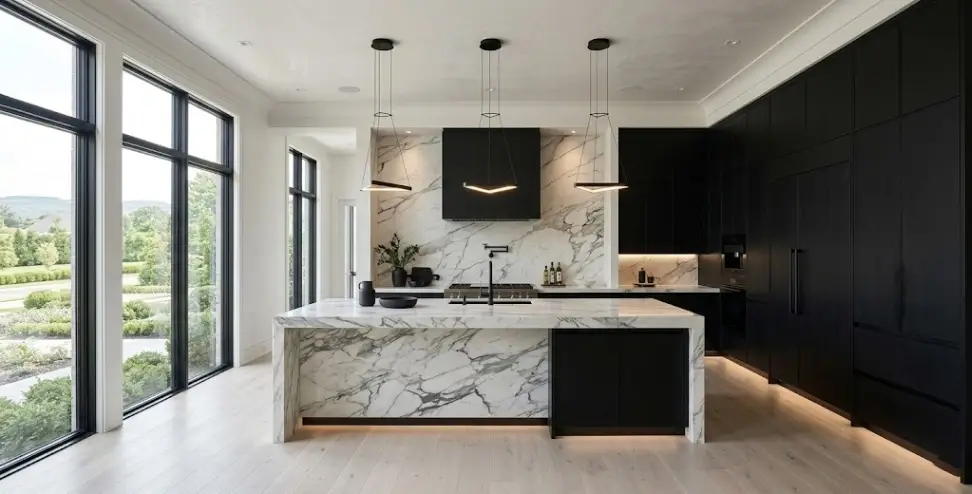 Architectural ultra-modern kitchen highlighting floor-to-ceiling matte black slab door cabinetry, integrated handle-less Gola profile panels, and heavily veined marble accents.