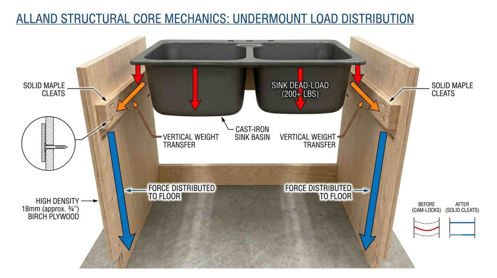 An interior engineering close-up of a kitchen sink undermount box structure by ALLAND. Shows heavy-duty 18mm marine-grade birch plywood carcass construction reinforced with 3/4-inch solid maple mechanical support cleats to sustain a kitchen double sink cabinet weight capacity exceeding 200 lbs.