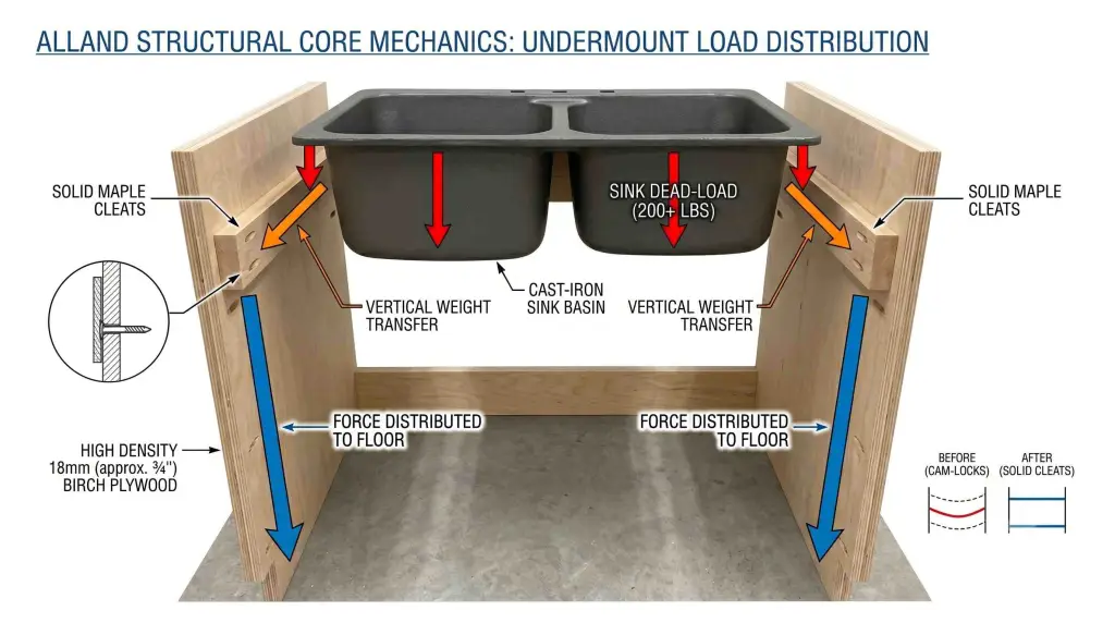 An interior engineering close-up of a kitchen sink undermount box structure by ALLAND. Shows heavy-duty 18mm marine-grade birch plywood carcass construction reinforced with 3/4-inch solid maple mechanical support cleats to sustain a kitchen double sink cabinet weight capacity exceeding 200 lbs.