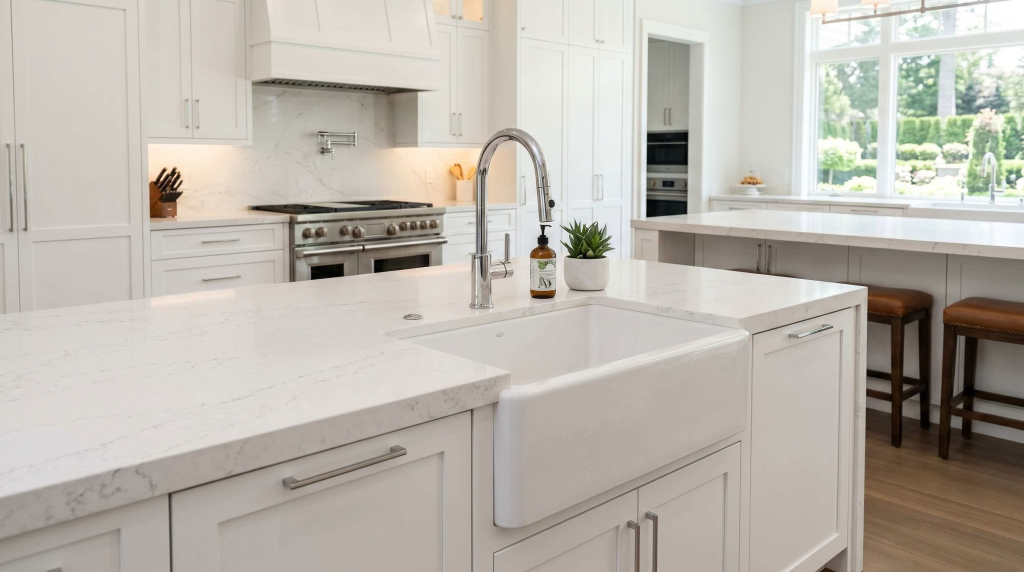 A luxury transitional white kitchen with farmhouse sink featuring ALLAND European-style frameless cabinetry. The 36-inch apron-front fireclay sink sits inside a custom-milled white lacquer shaker door sink base cabinet, seamlessly integrated with a 3cm Calacatta quartz countertop with tight 1/8-inch reveal lines.