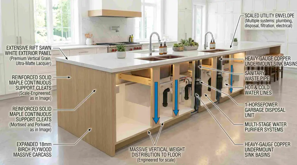 A 3D cutaway architectural render of kitchen island sinks housing a dual-basin unit. The exterior features premium vertical-grain Rift Sawn White Oak panels with an ultra-matte lacquer finish, while the interior reveals a dedicated rear plumbing and electrical utility envelope engineered within the frameless cabinet structure.