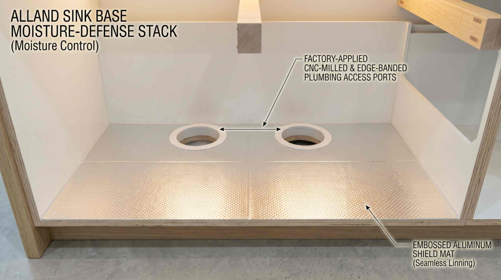 A product detail shot of the most cost effective kitchen sink cabinet waterproofing technology from ALLAND. Features a seamless embossed aluminum shield lining on an 18mm water-resistant core deck, with factory-pre-machined, CNC-milled, and edge-banded plumbing access holes designed to prevent mold and moisture rot.