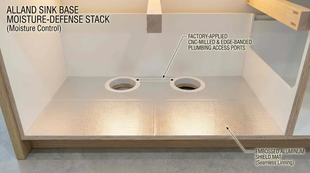 A product detail shot of the most cost effective kitchen sink cabinet waterproofing technology from ALLAND. Features a seamless embossed aluminum shield lining on an 18mm water-resistant core deck, with factory-pre-machined, CNC-milled, and edge-banded plumbing access holes designed to prevent mold and moisture rot.
